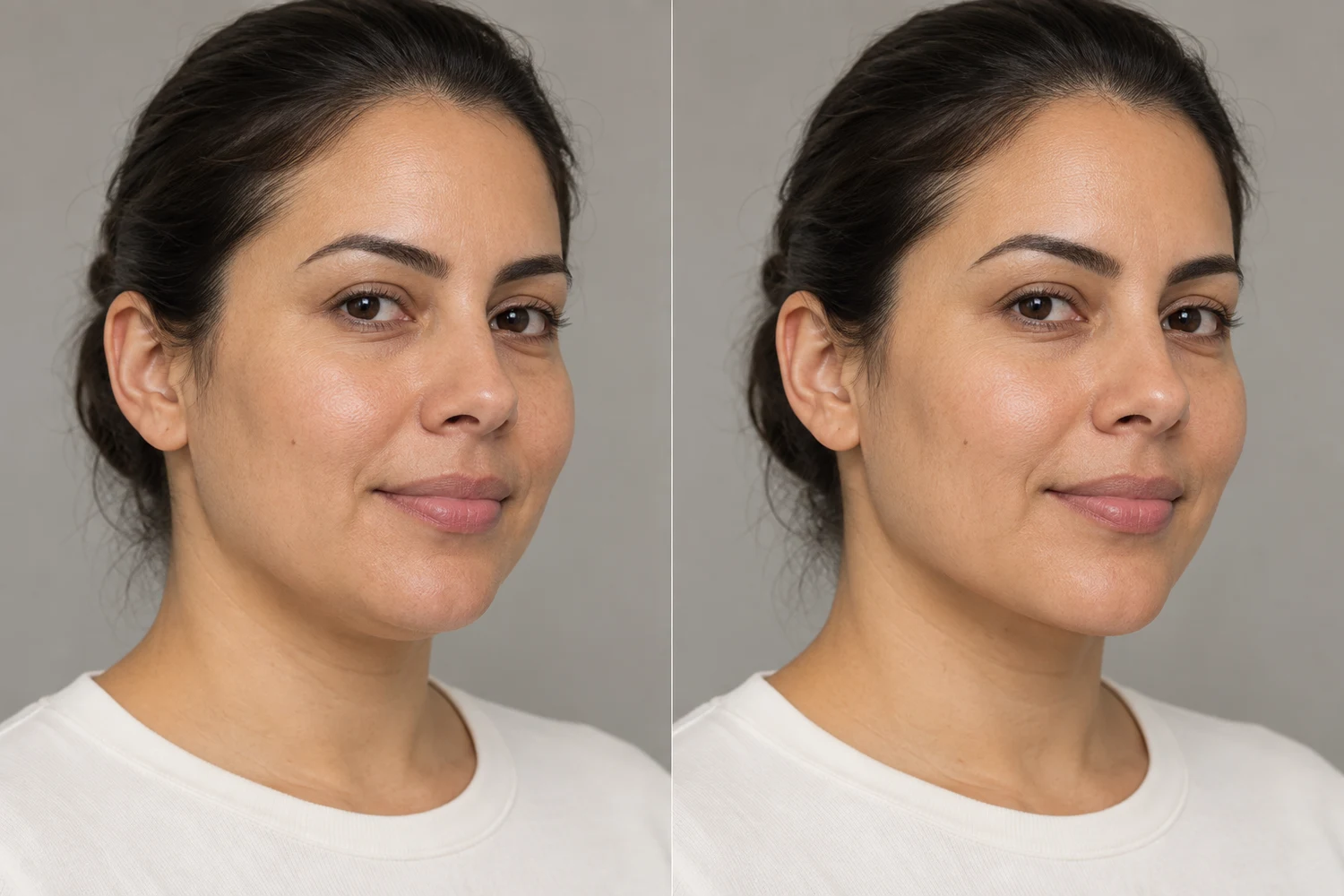 Estudo fictício de IA: dois retratos lado a lado para comparação visual de perfil facial